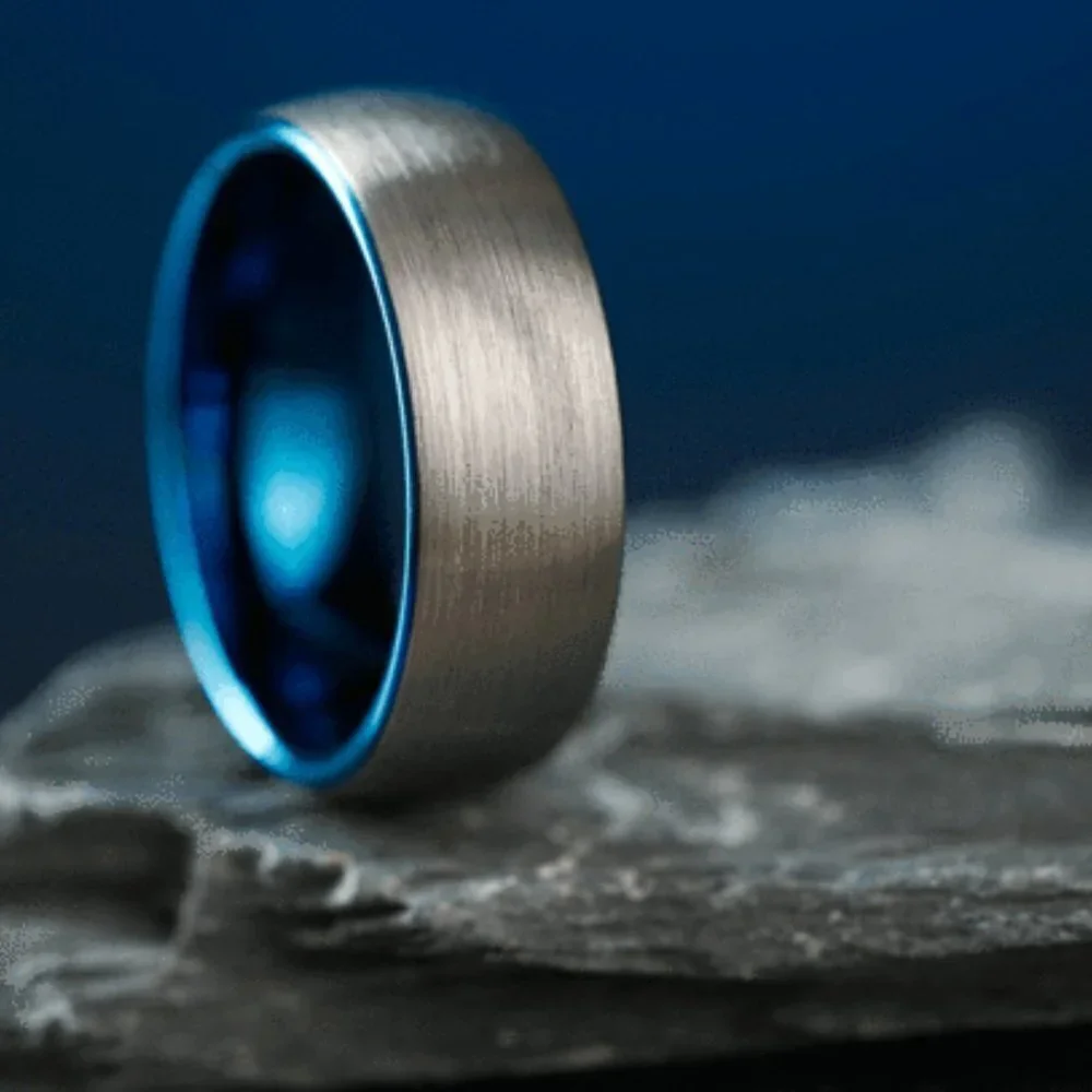8mm Domed Blue Silver Tungsten Ring Wedding Band